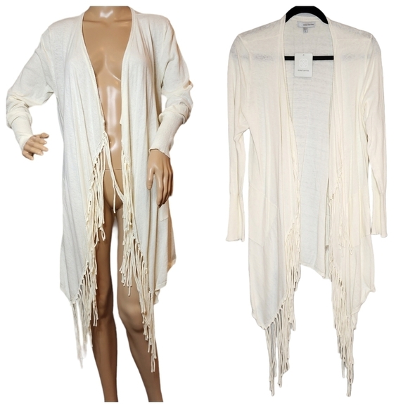 NWT Daisy Fuentes Cream Fringe open front cardigan.  Size Large. Cotton. - Picture 1 of 16